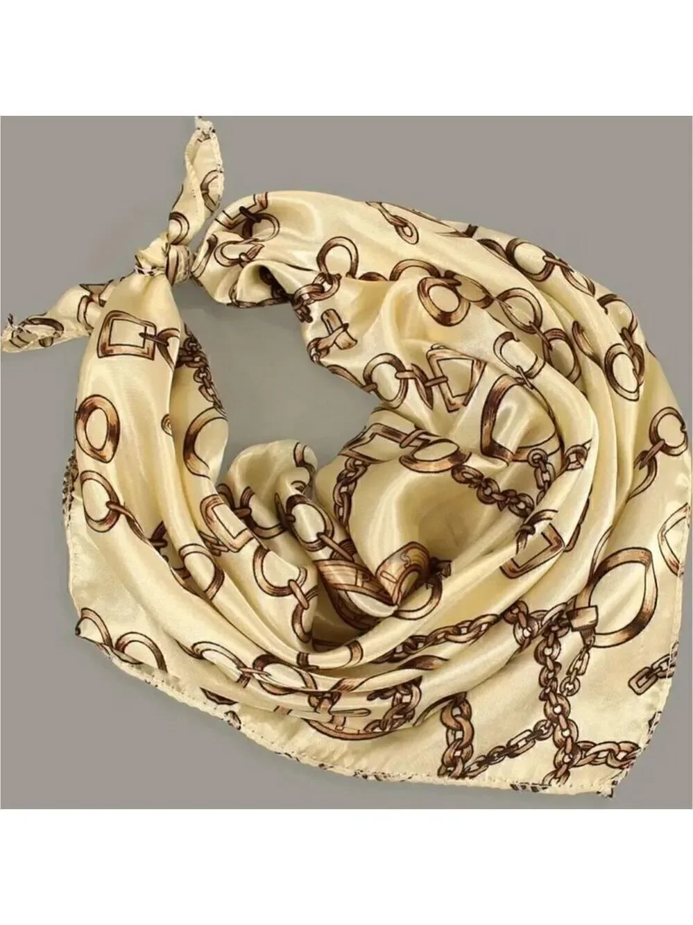 Vintage Style Chain Print Square Scarf Beige and Brown Elegant Satin Neckerchief